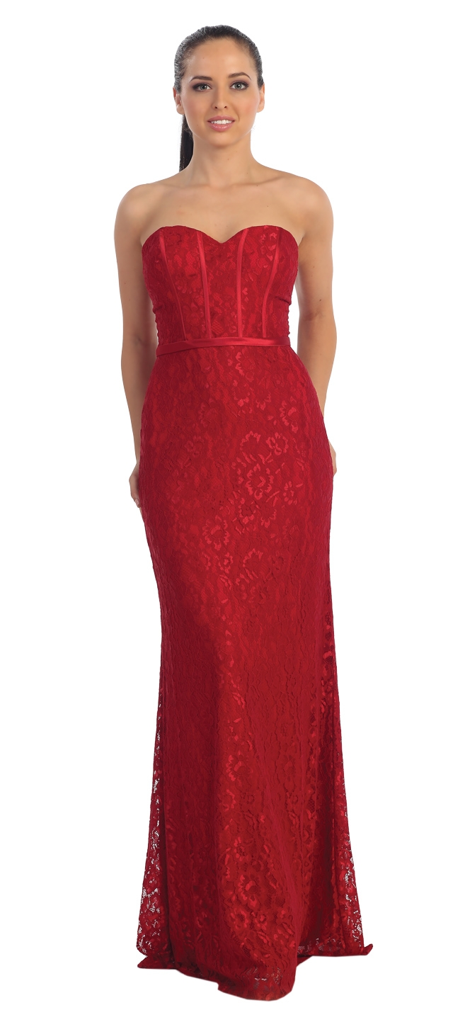 Strapless Sweetheart Neck Long Lace Formal Bridesmaid Dress — in Burgundy
