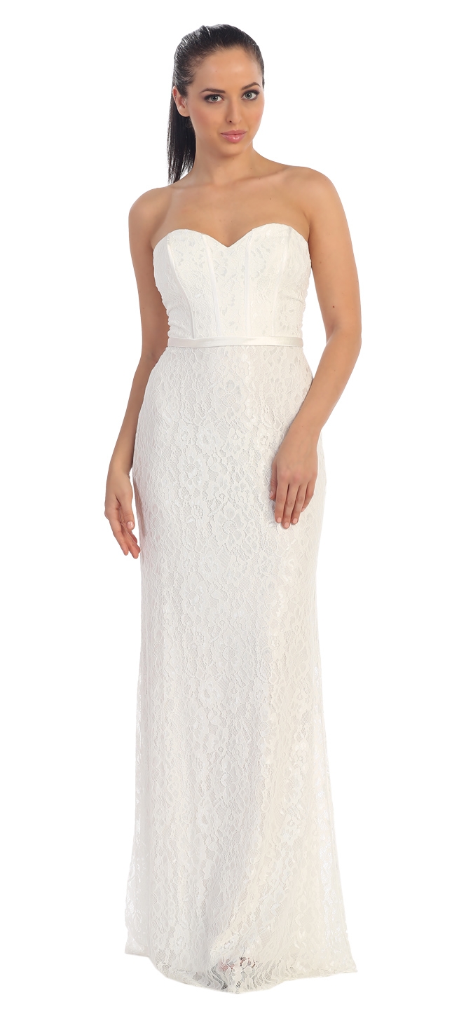Strapless Sweetheart Neck Long Lace Formal Bridesmaid Dress — in Off White