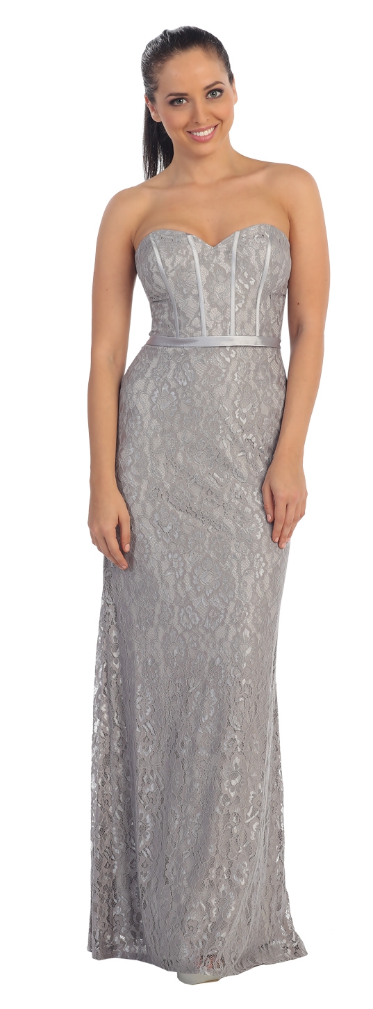 Strapless Sweetheart Neck Long Lace Formal Bridesmaid Dress — in Silver