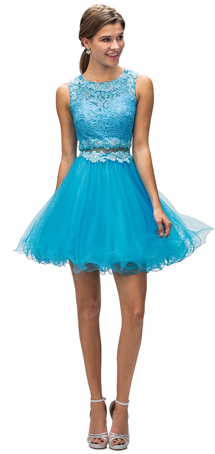 Embroidered Lace Top Baby Doll Short Homecoming Party Dress — in Aqua
