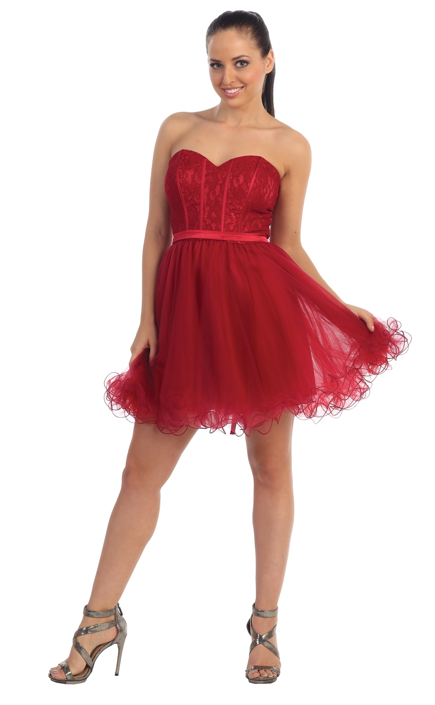 Strapless Lace Bodice Short Tulle Homecoming Party Dress — in Burgundy