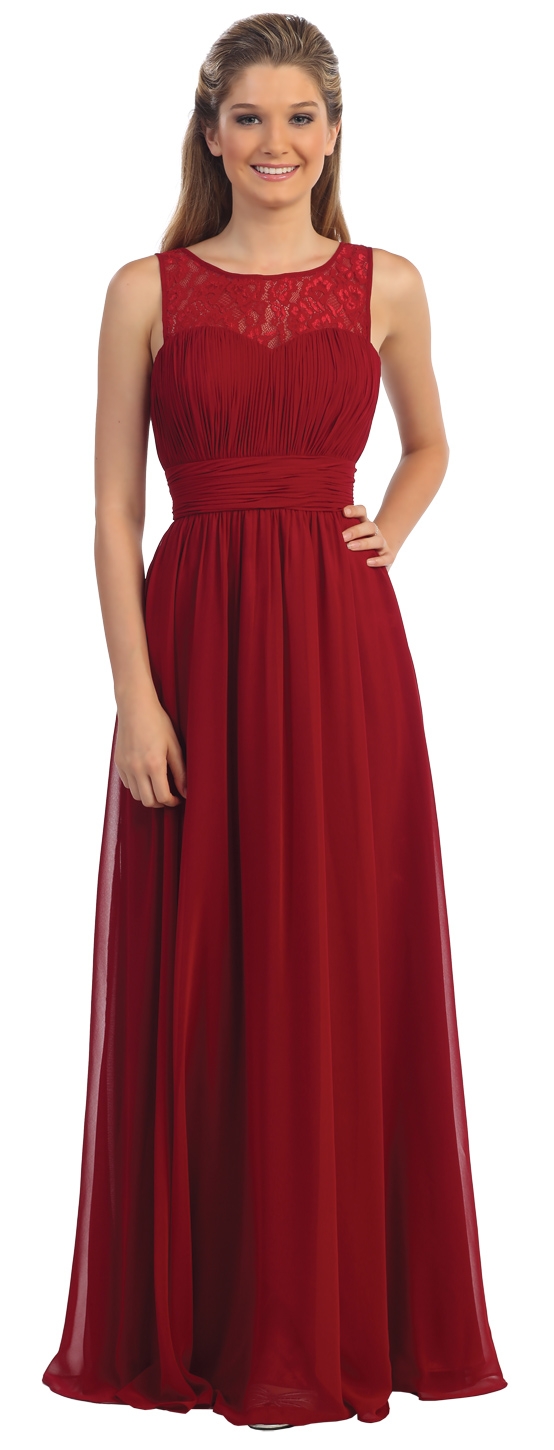 Lace Neck Ruched Bust Long Formal Bridesmaid Dress — in Burgundy