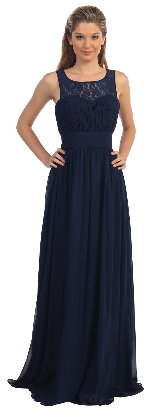 Lace Neck Ruched Bust Long Formal Bridesmaid Dress — in Navy