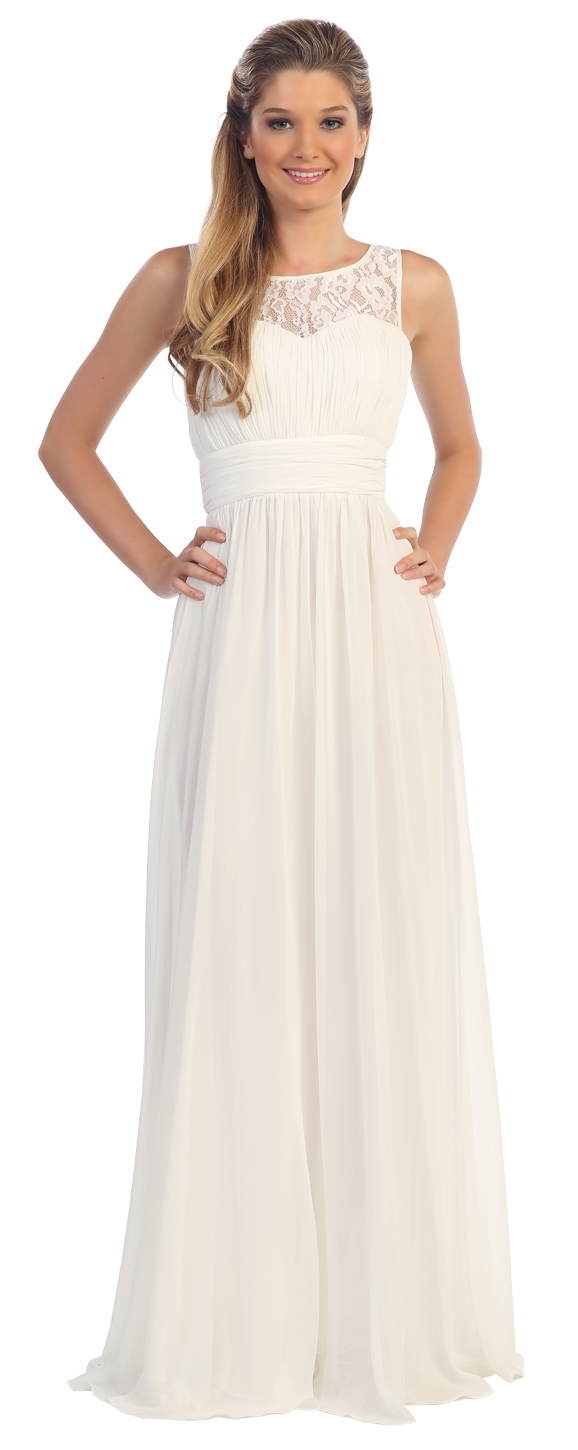 Lace Neck Ruched Bust Long Formal Bridesmaid Dress — in Off White