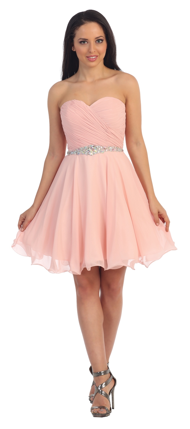 Strapless Ruched Bust Short Homecoming Bridesmaid Dress — in Blush