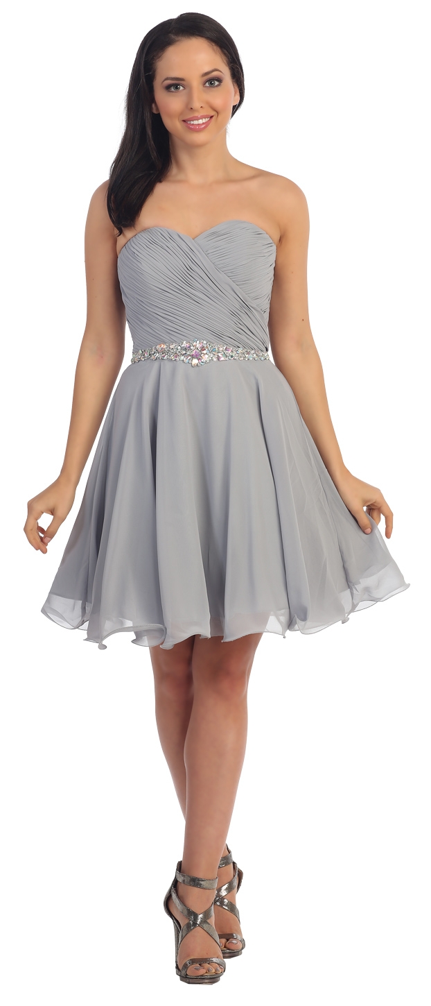 Strapless Ruched Bust Short Homecoming Bridesmaid Dress — in Silver