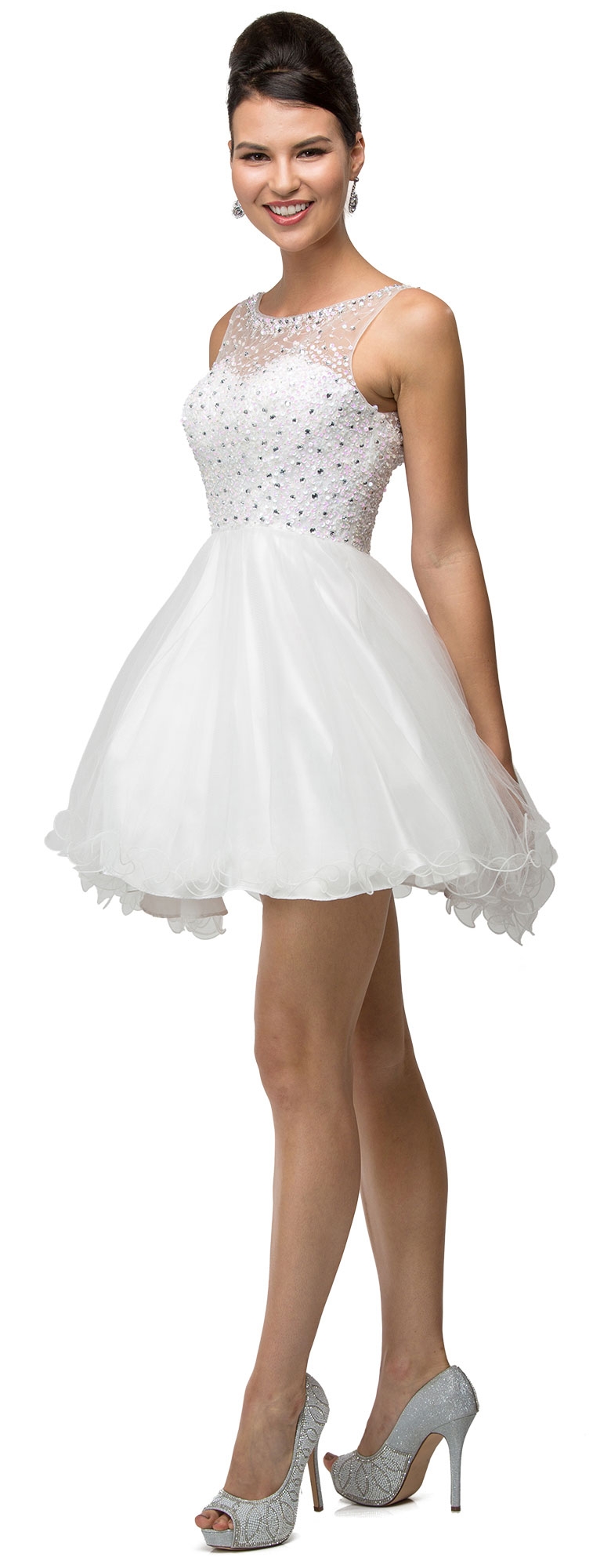 Bejeweled Bust Short Babydoll Homecoming Party Dress — in an alternate image