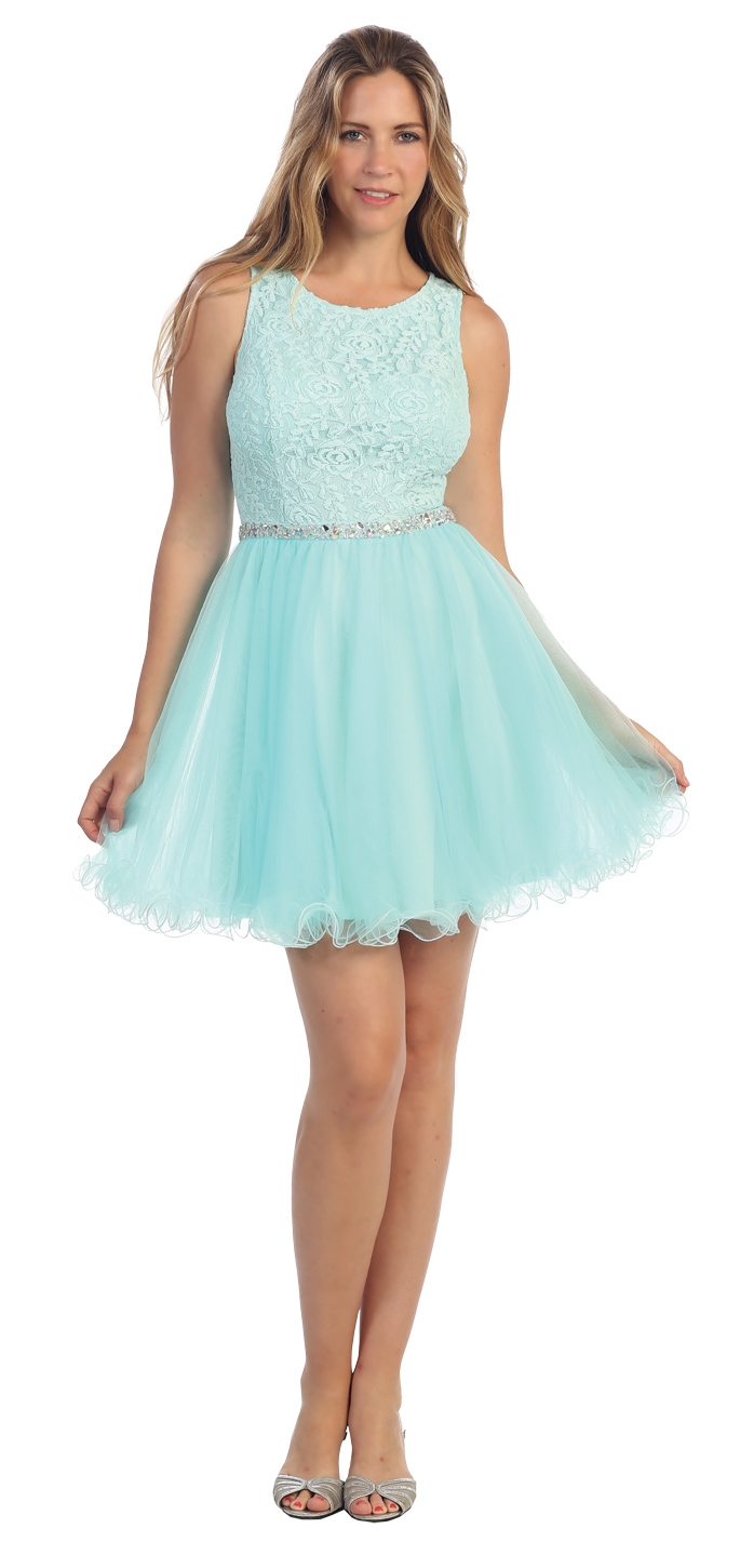 Floral Bust Babydoll Short Tulle Homecoming Party Dress — in Aqua