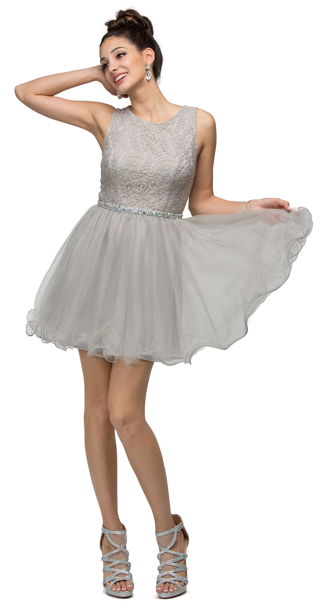 Floral Bust Babydoll Short Tulle Homecoming Party Dress — in Silver