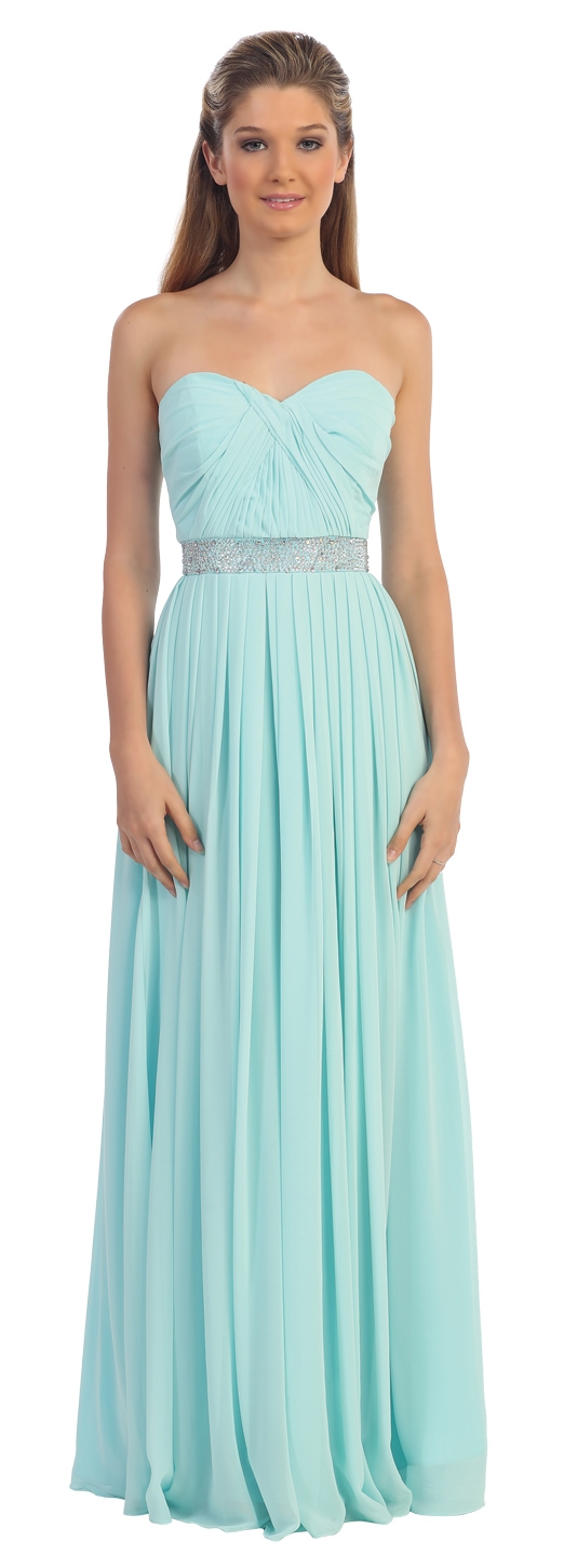 Strapless Pleated Jewel Waist Long Formal Bridesmaid Dress — in Aqua