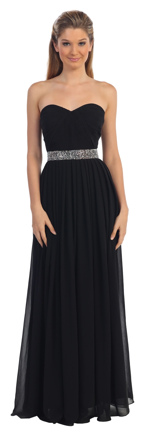 Strapless Pleated Jewel Waist Long Formal Bridesmaid Dress — in Black