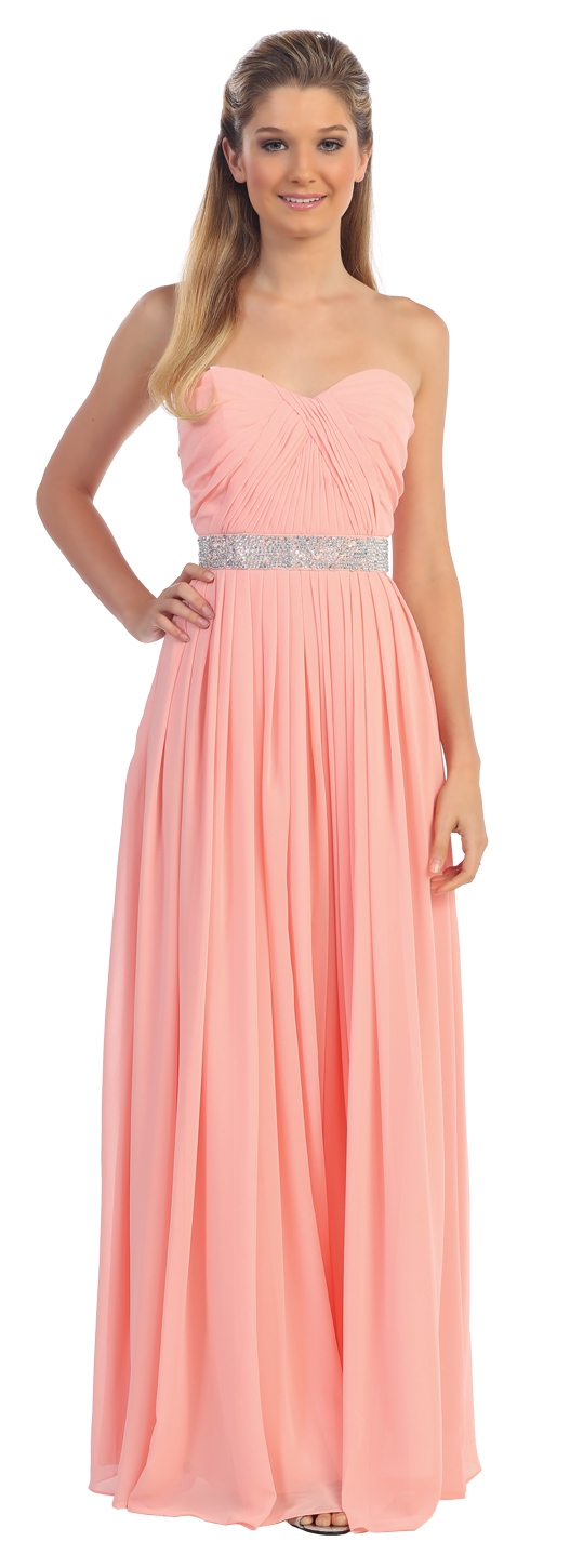 Strapless Pleated Jewel Waist Long Formal Bridesmaid Dress — in Blush