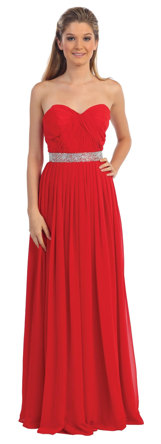 Strapless Pleated Jewel Waist Long Formal Bridesmaid Dress — in Red