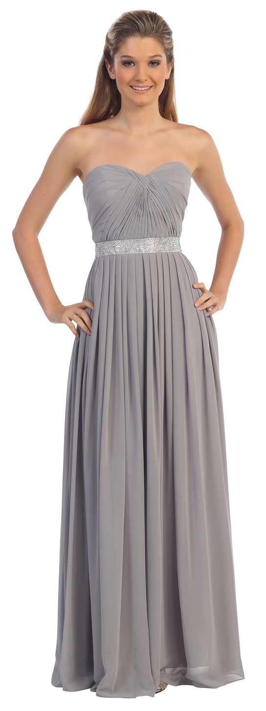 Strapless Pleated Jewel Waist Long Formal Bridesmaid Dress