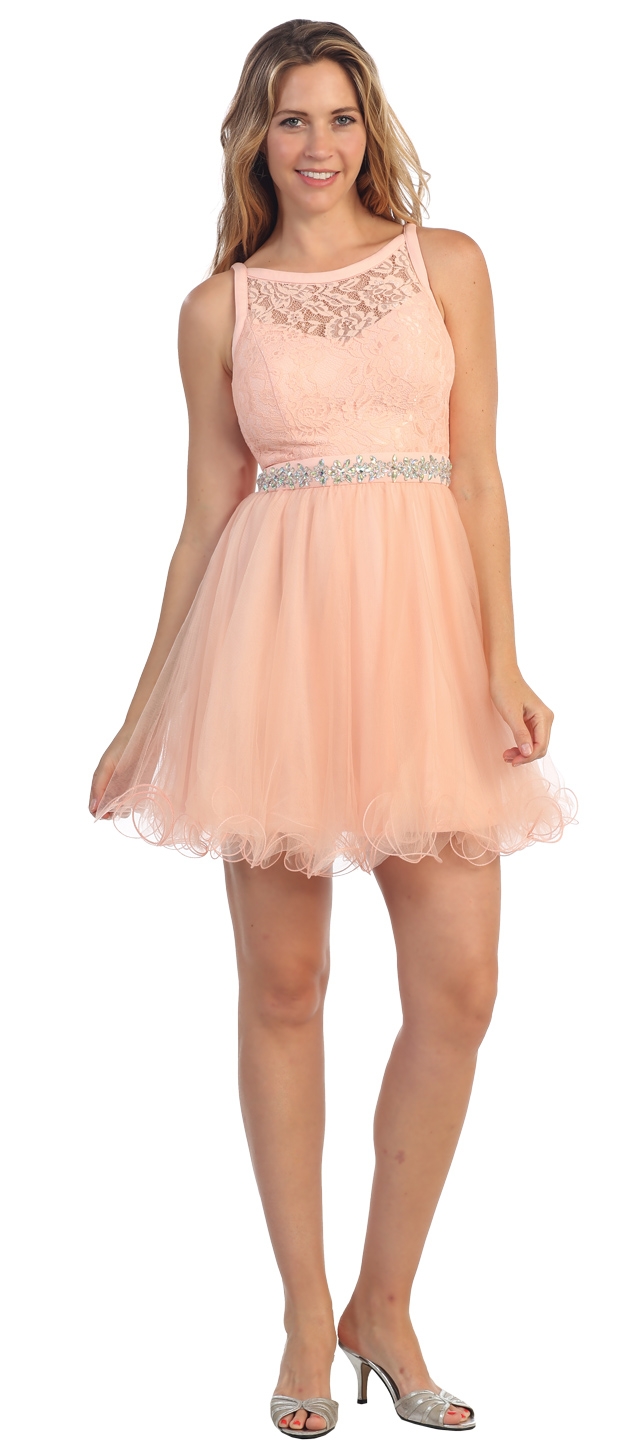 Lace Bodice Jewel Waist Short Tulle Homecoming Party Dress — in Peach