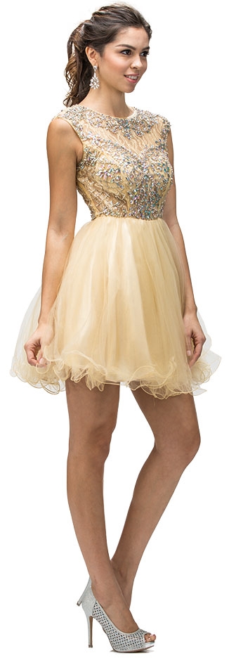 Bejeweled Mesh Bodice Cap Sleeves Short Baby Doll Dress — in Champaign