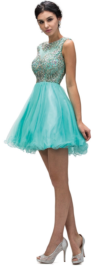 Bejeweled Mesh Bodice Cap Sleeves Short Baby Doll Dress — in Mint