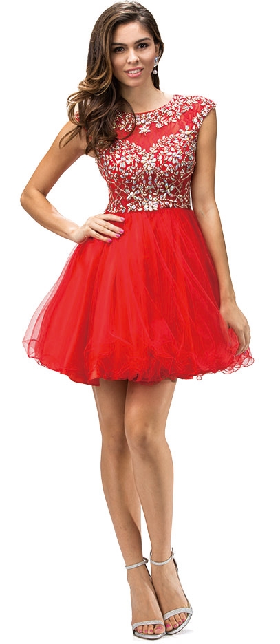Bejeweled Mesh Bodice Cap Sleeves Short Baby Doll Dress — in Red