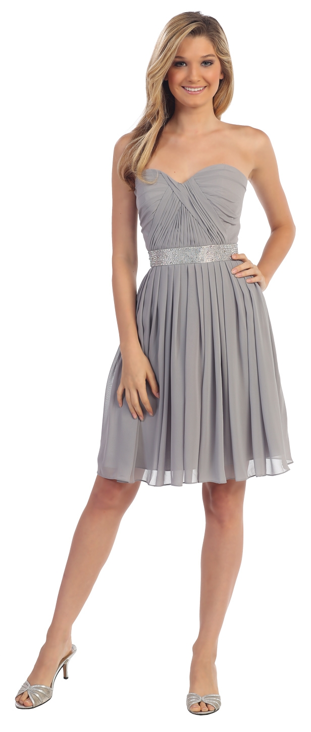 Strapless Sweetheart Pleated Short Bridesmaid Grad Dress — in Silver