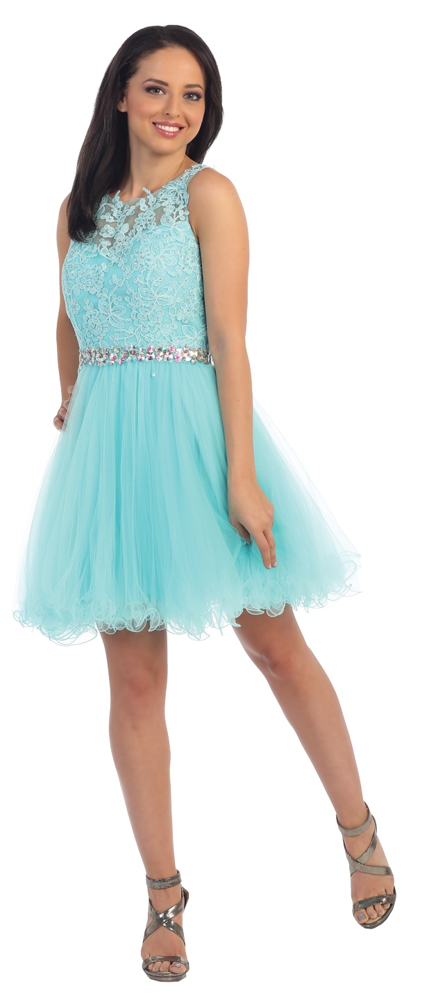 Lace Top Tulle Skirt Short Homecoming Party Dress — in Aqua