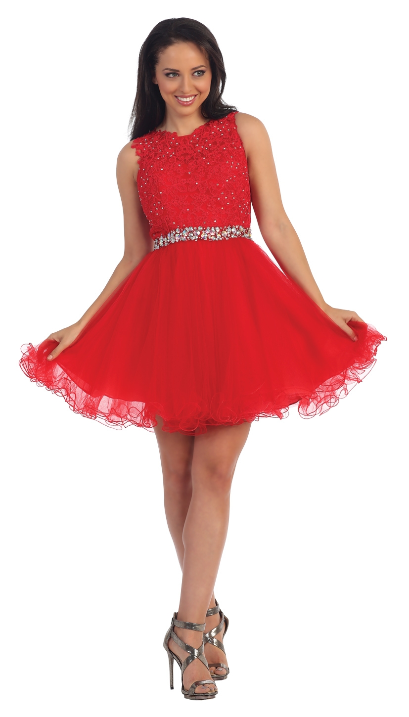 Lace Top Tulle Skirt Short Homecoming Party Dress — in Red