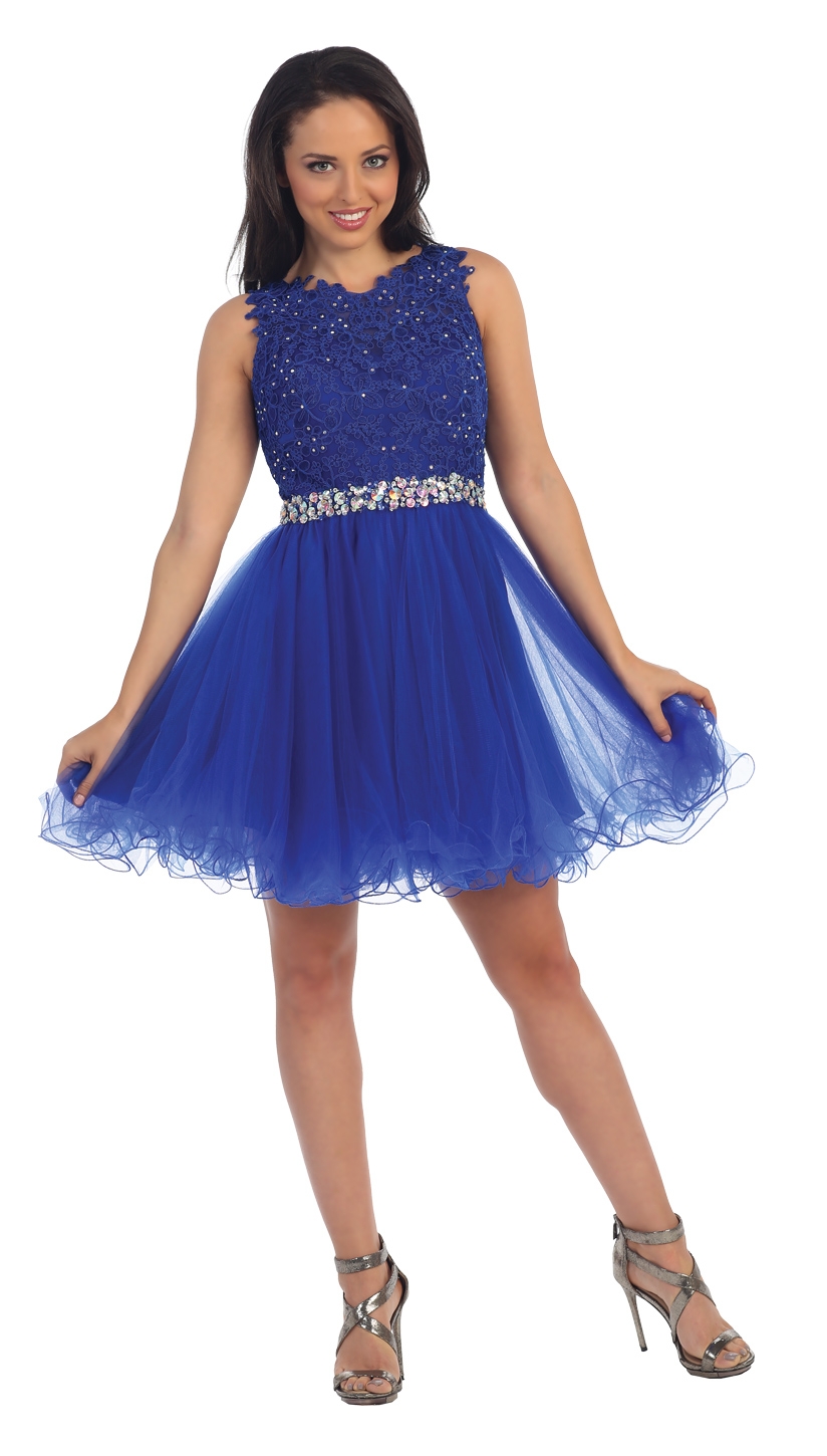 Lace Top Tulle Skirt Short Homecoming Party Dress — in Royal Blue