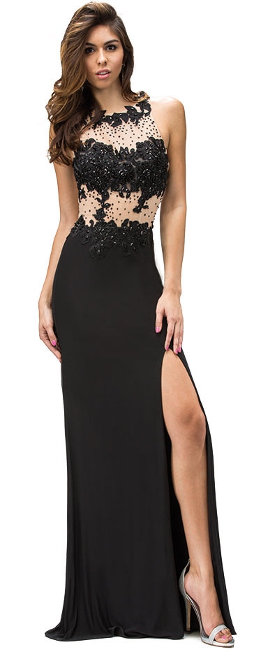 Embroidered Lace Sheer Bodice Floor Length Prom Dress — in Black