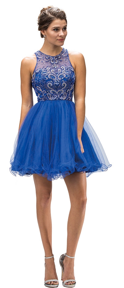 Beaded Bust Tulle Skirt Short Homecoming Party Dress — in Royal Blue