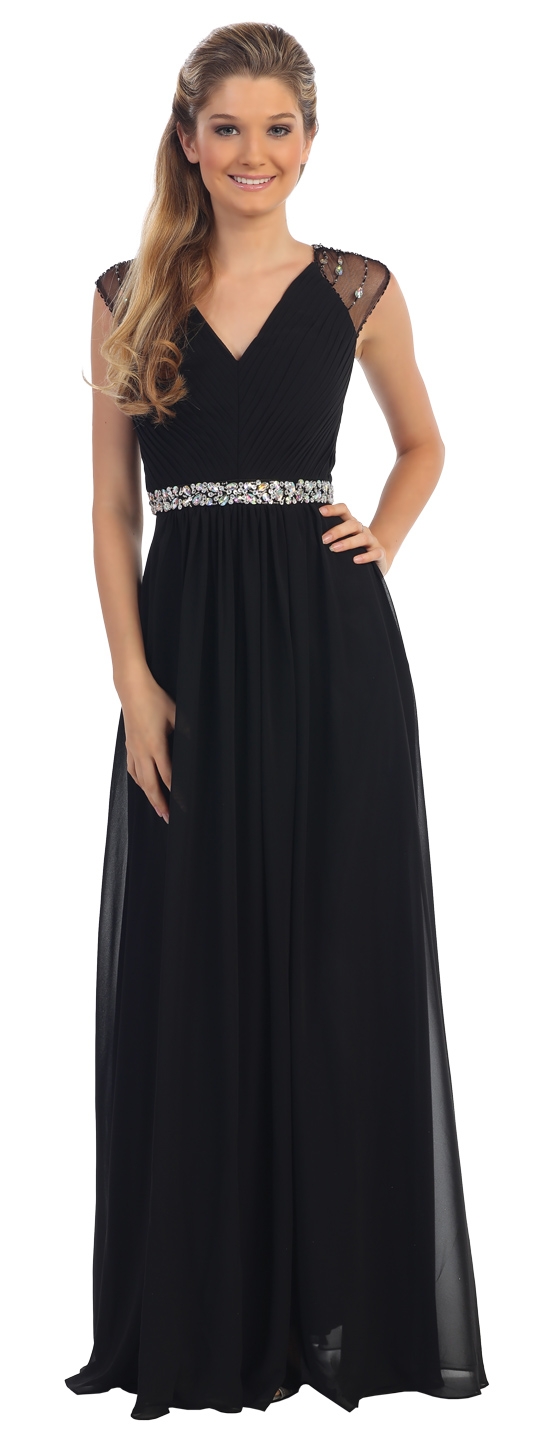 V-Neck Pleated Jewels Waist Long Formal Bridesmaid Dress — in Black
