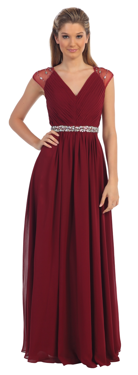 V-Neck Pleated Jewels Waist Long Formal Bridesmaid Dress — in Burgundy