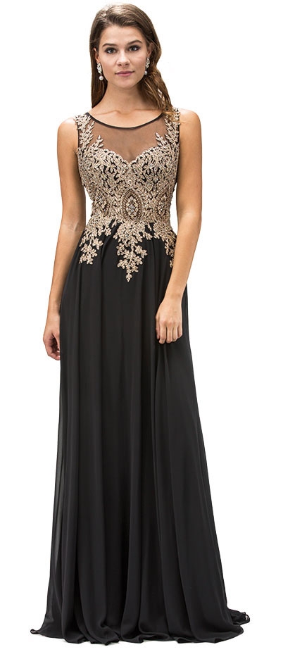 Jewel Embellished Sheer Mesh Top Chiffon Prom Dress — in Black