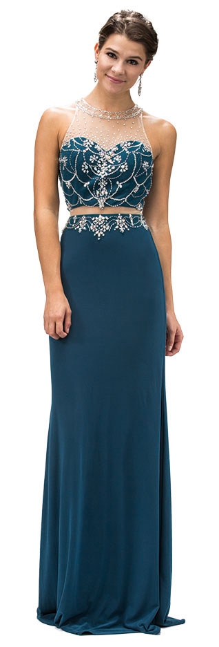 Illusion Two Piece Jewel Mesh Top Long Prom Dress