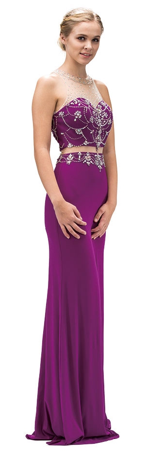 Illusion Two Piece Jewel Mesh Top Long Prom Dress — in Magenta