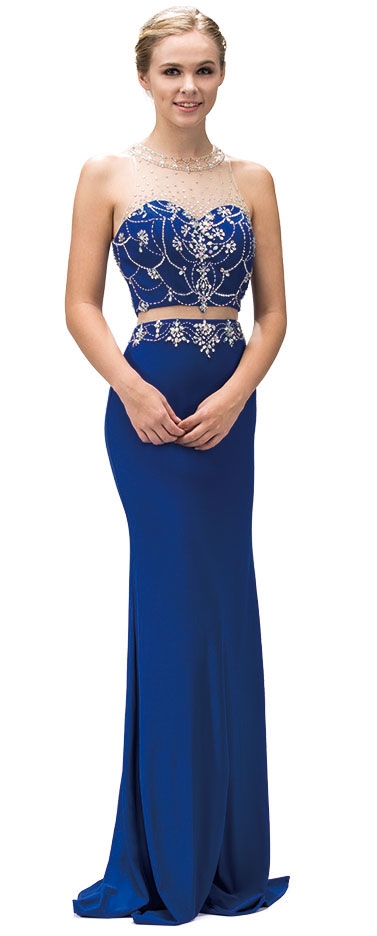 Illusion Two Piece Jewel Mesh Top Long Prom Dress — in Royal Blue