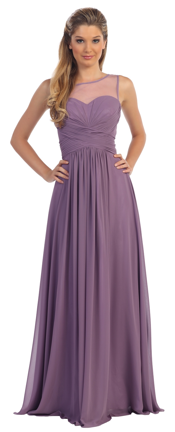 Mesh Neck Ruched Bust Long formal Bridesmaid Dress — in Dusty Lilac