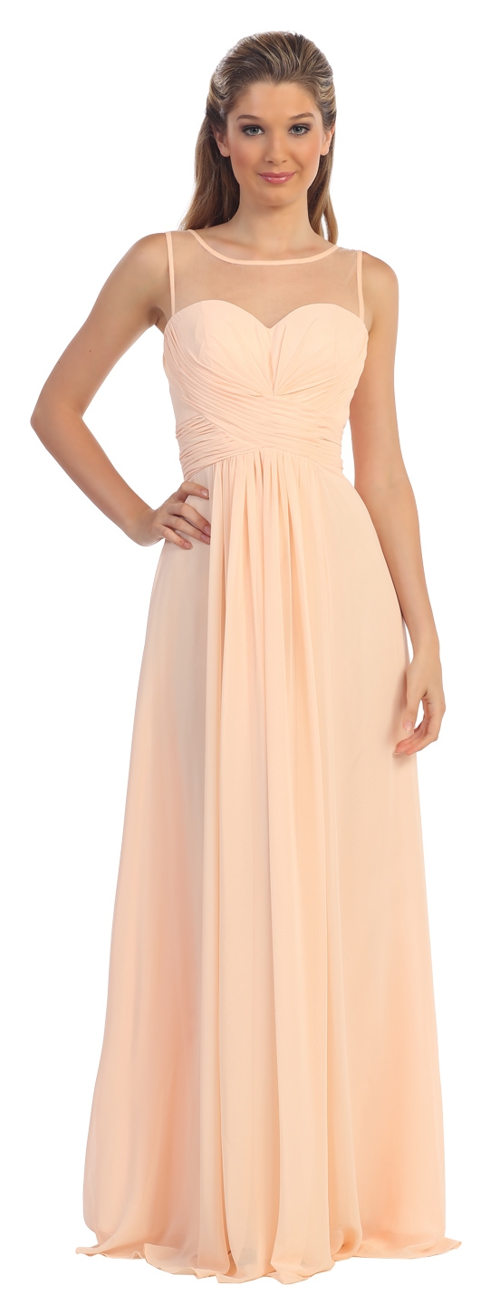 Mesh Neck Ruched Bust Long formal Bridesmaid Dress — in Peach