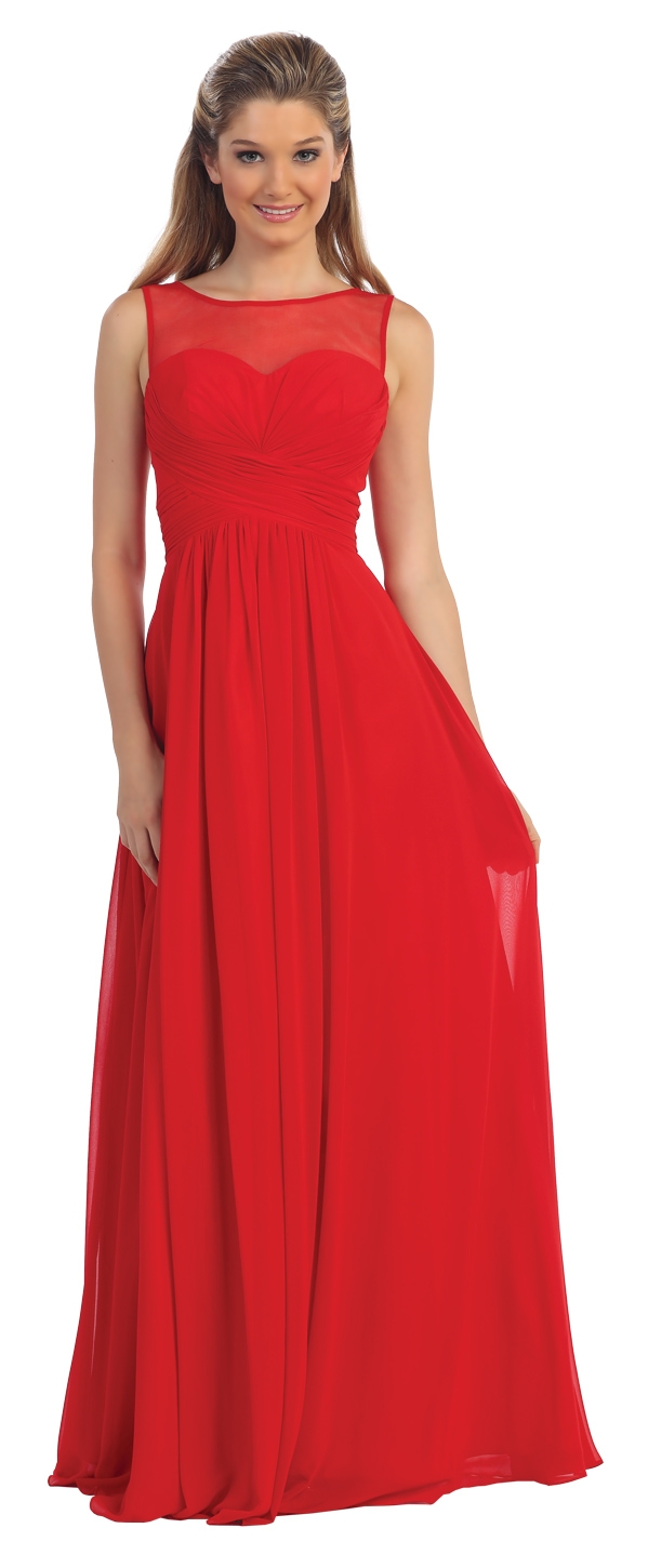 Mesh Neck Ruched Bust Long formal Bridesmaid Dress — in Red