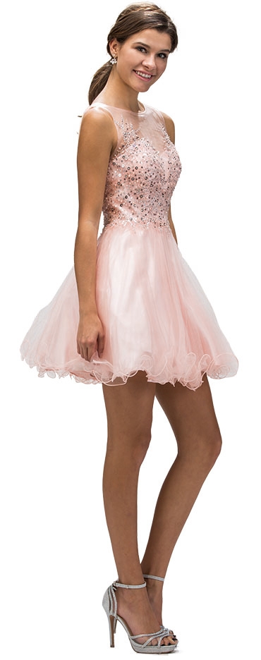 Boat Neck Sheer Sequins Mesh Top Short Baby Doll Dress — in Blush