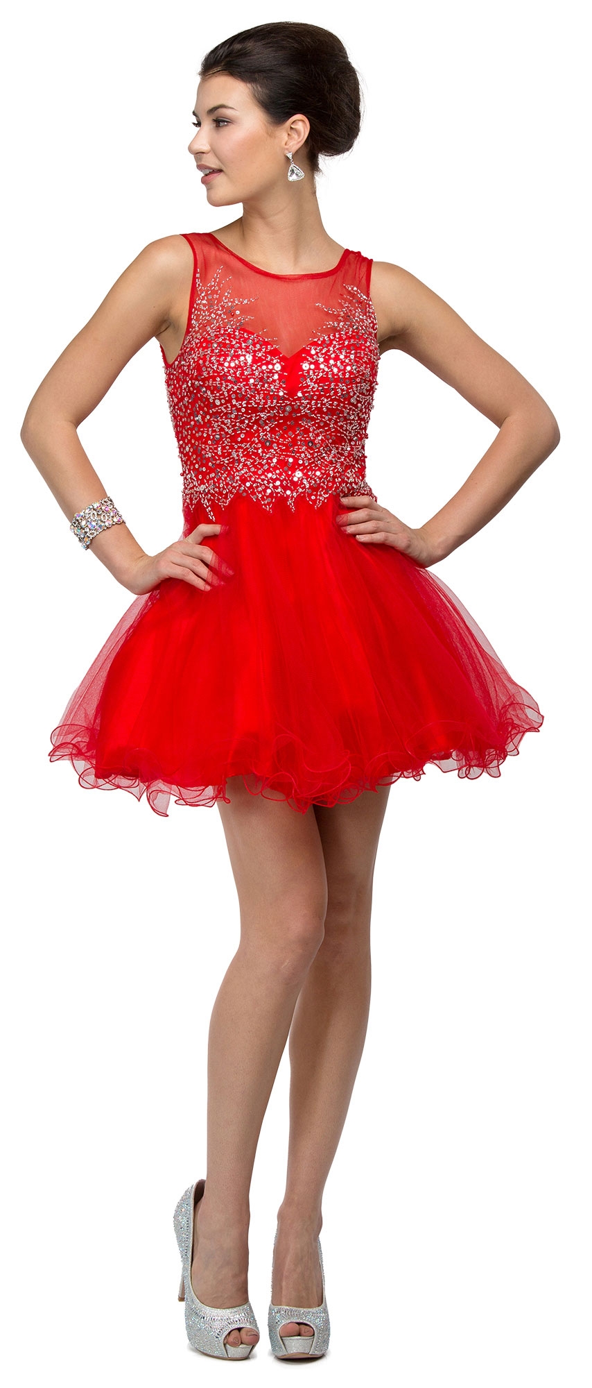 Boat Neck Sheer Sequins Mesh Top Short Baby Doll Dress
