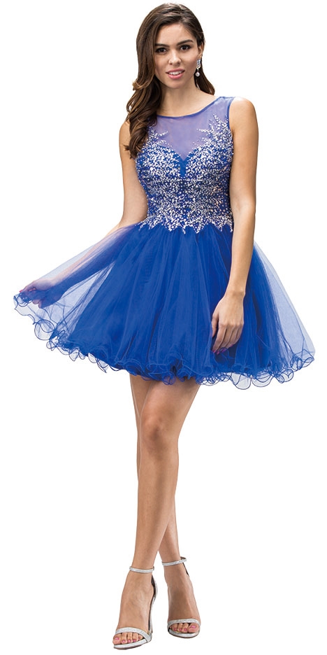 Boat Neck Sheer Sequins Mesh Top Short Baby Doll Dress — in Royal Blue