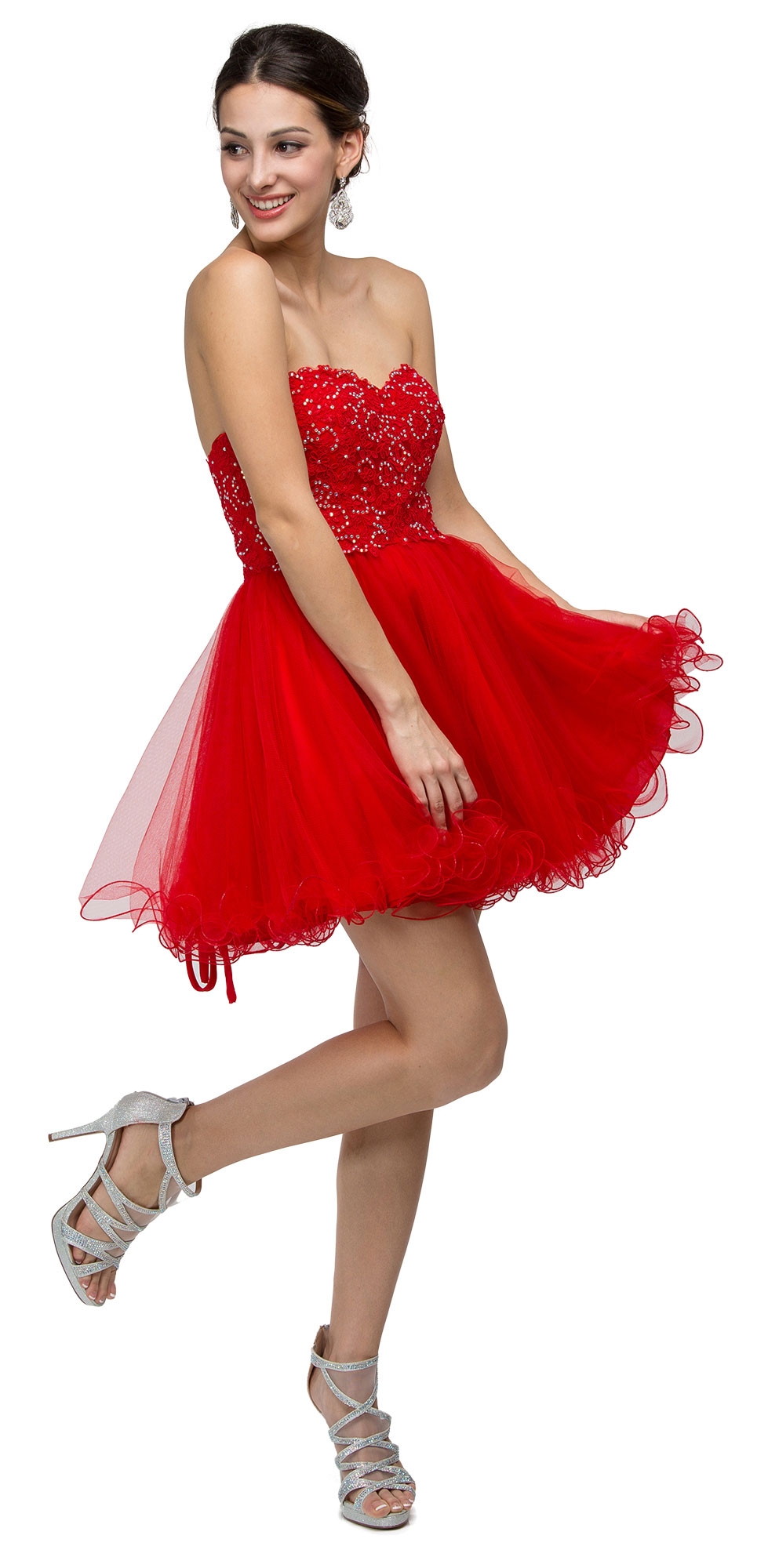 Strapless Beaded Lace Mesh Short Homecoming Party Dress — in Red