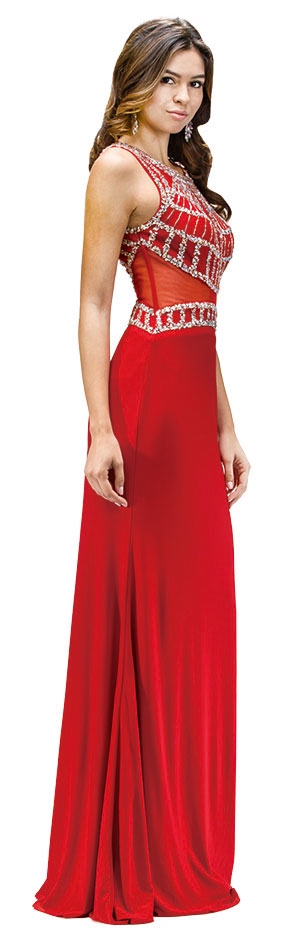 Bejeweled Top Sheer Waist Floor length Prom Dress — in Red