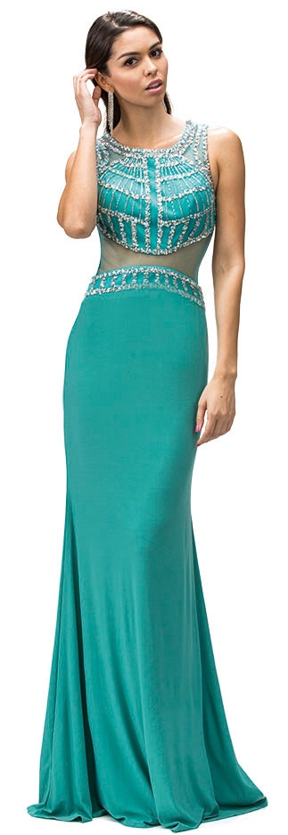 Bejeweled Top Sheer Waist Floor length Prom Dress — in Teal