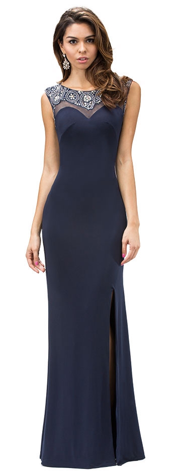 Jewel Accents Sheer Back & Neck Long Formal Prom Dress