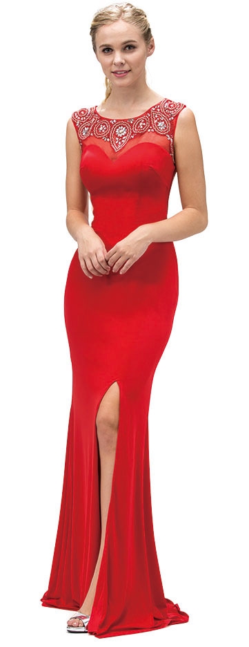 Jewel Accents Sheer Back & Neck Long Formal Prom Dress — in Red