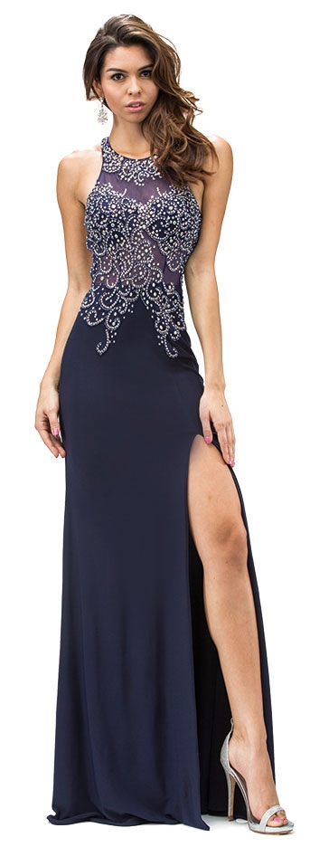 Rhinestone Sheer Mesh Bodice Floor Length Prom Dress