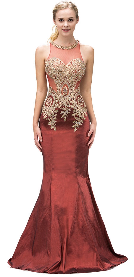 Sheer Mesh Embroidered Top Mermaid Long Prom Dress — in Burgundy