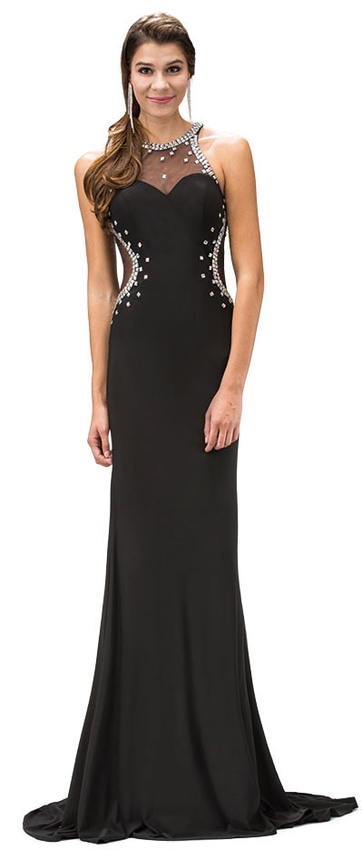Bejeweled Sheer Mesh Top Floor Length Formal Prom Dress — in Black