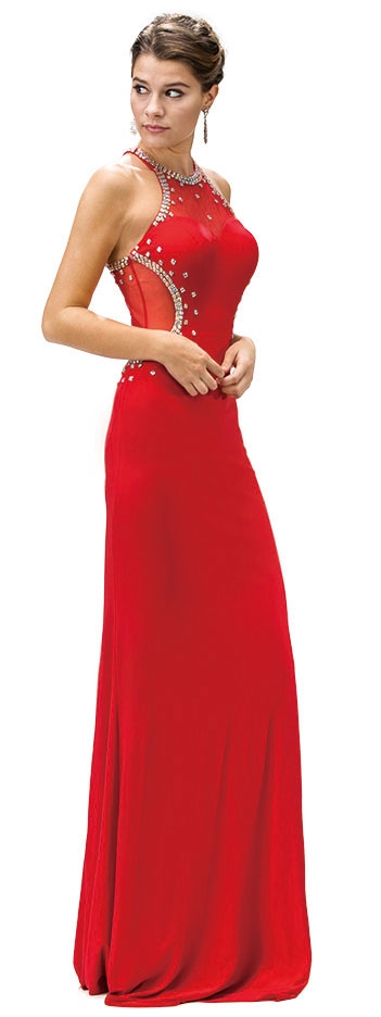 Bejeweled Sheer Mesh Top Floor Length Formal Prom Dress — in Red