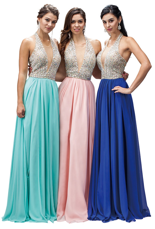 Halter Bejeweled Mesh Bodice Long Formal Prom dress 